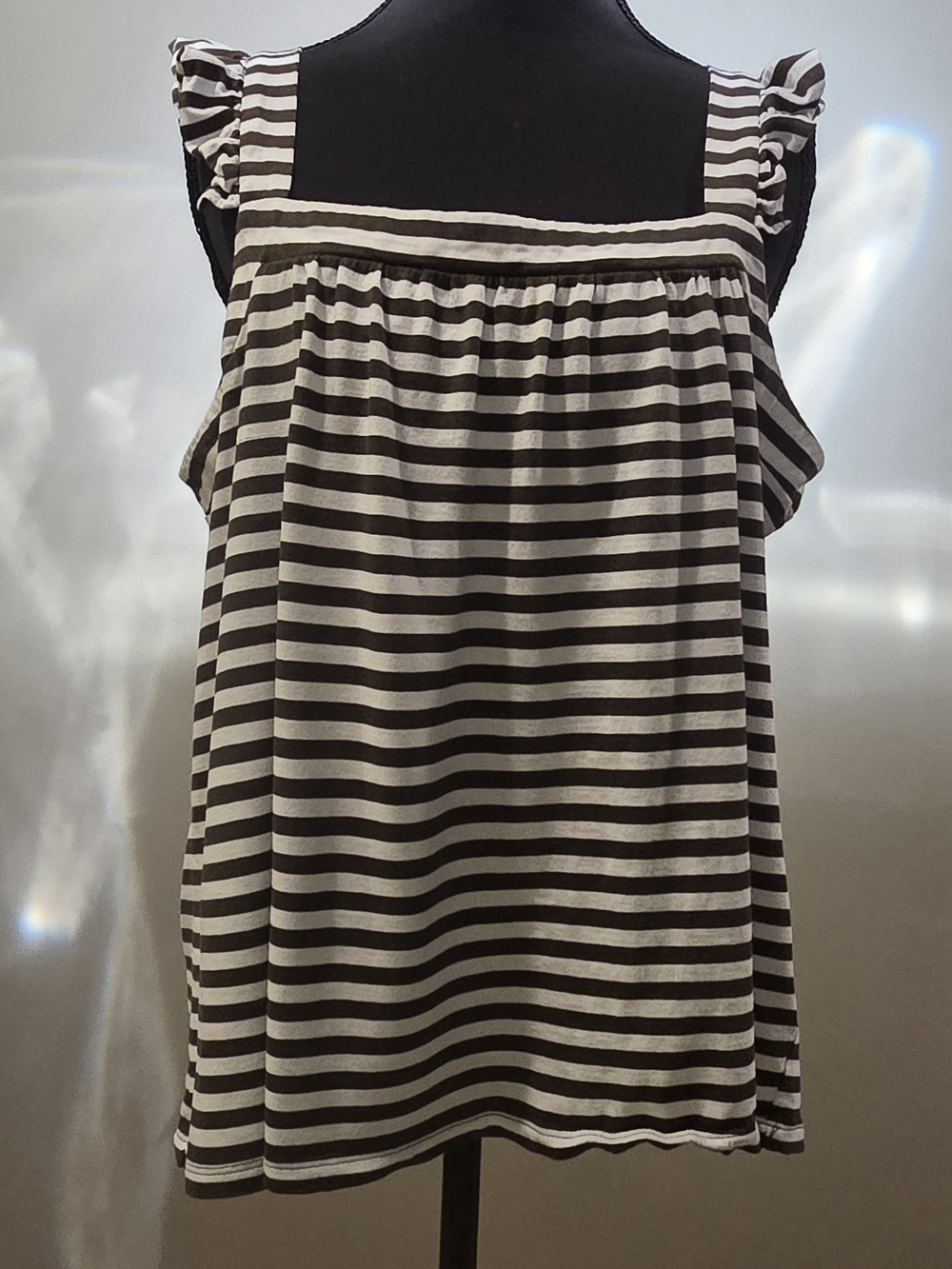 Michael Kors Green and White Striped Gathered Tank Top